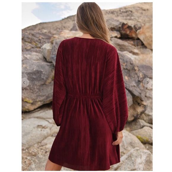 Stunning Boho Chic Rich Wine Red Velvet Ribbed V-Neck Long Sleeve Dress Large - Picture 3 of 6
